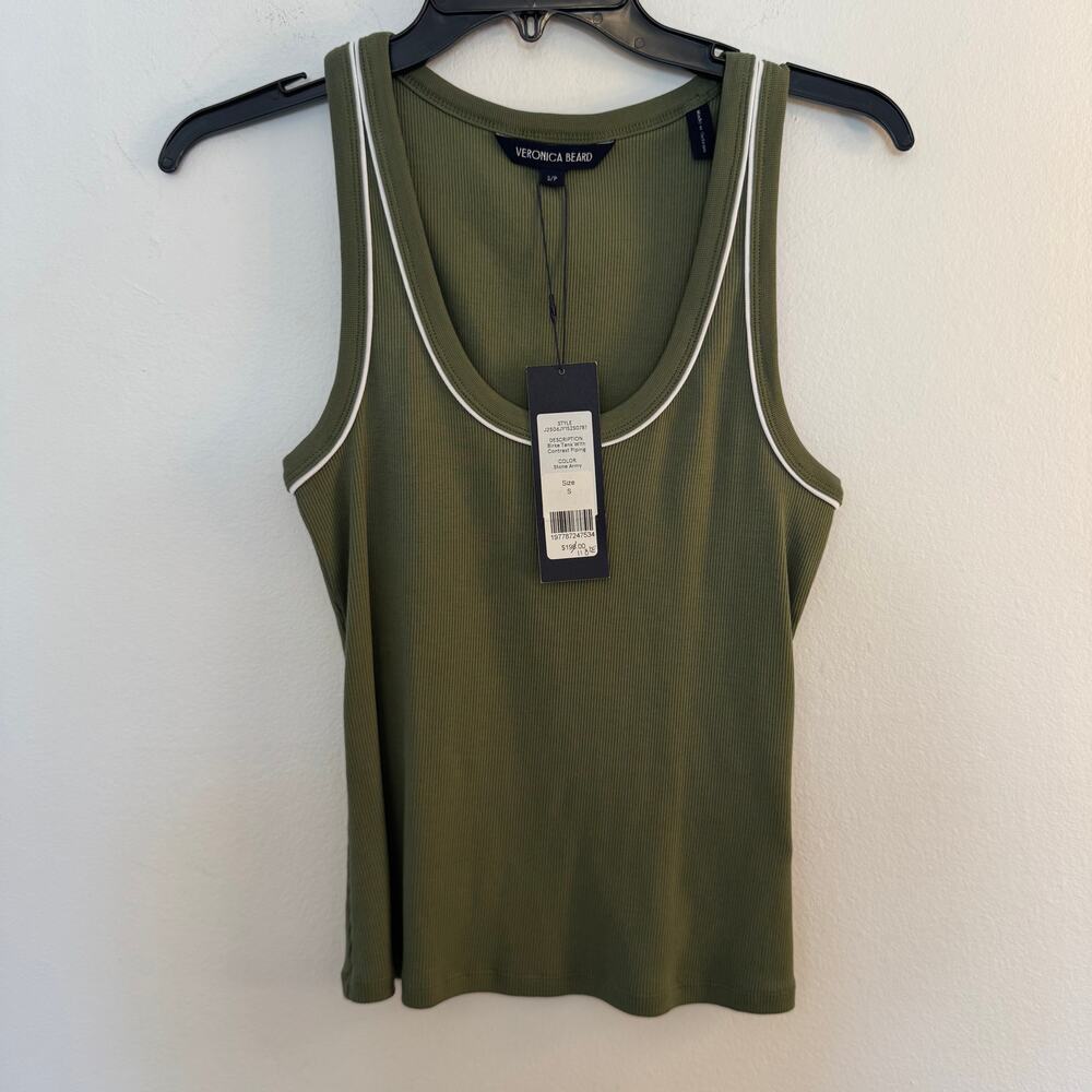 NWT Veronica Beard Birke Tank with Contrast Piping Stone Army Olive Green Size S